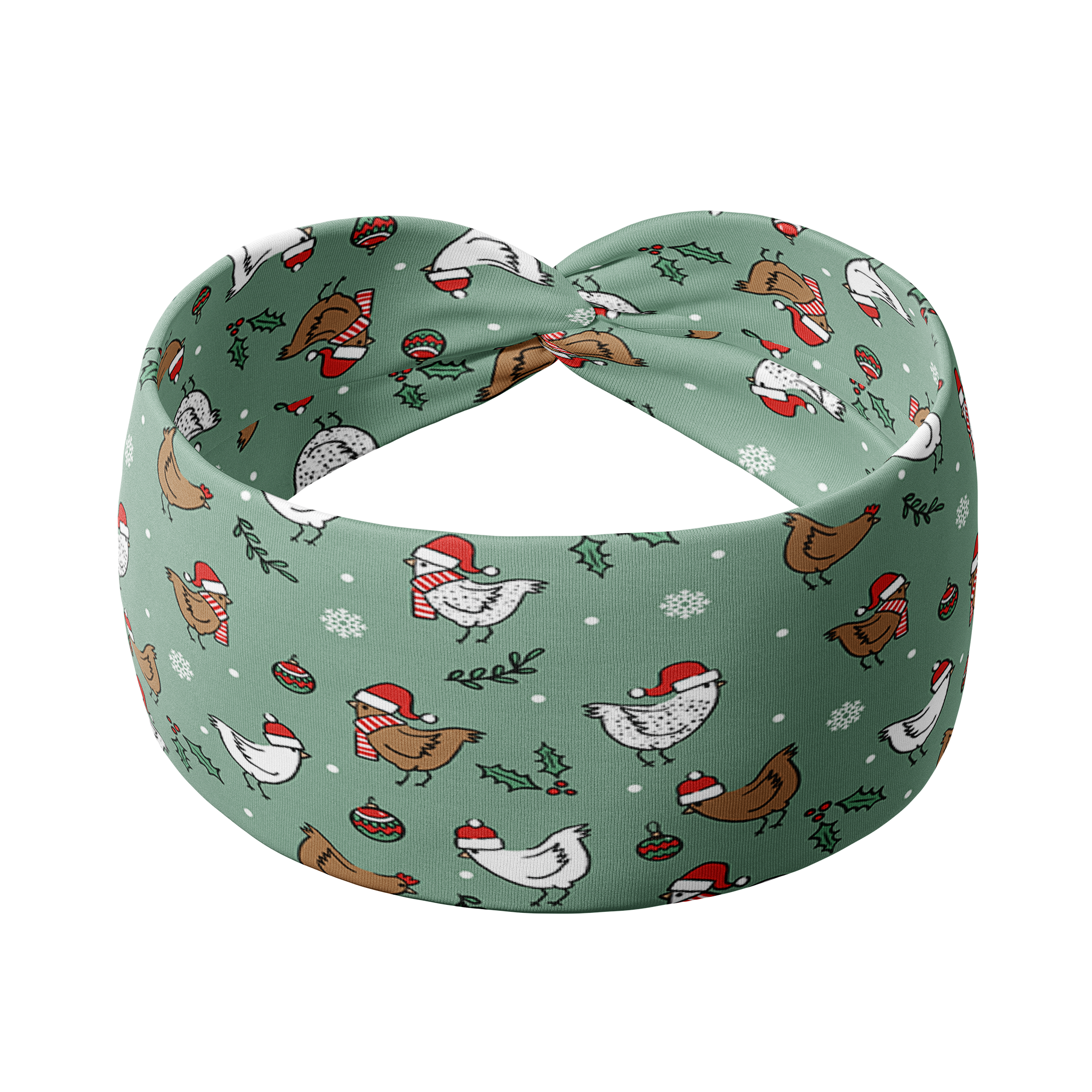 Adult women's light sage headband with brown and white cartoon chickens wearing red Santa hats and scarves, mistletoe and snowflakes
