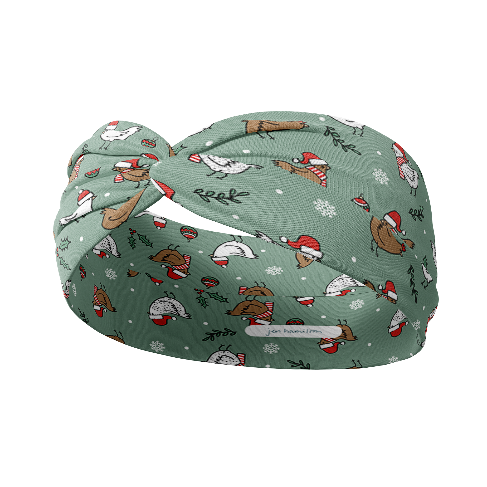 Adult women's light sage headband with brown and white cartoon chickens wearing red Santa hats and scarves, mistletoe and snowflakes