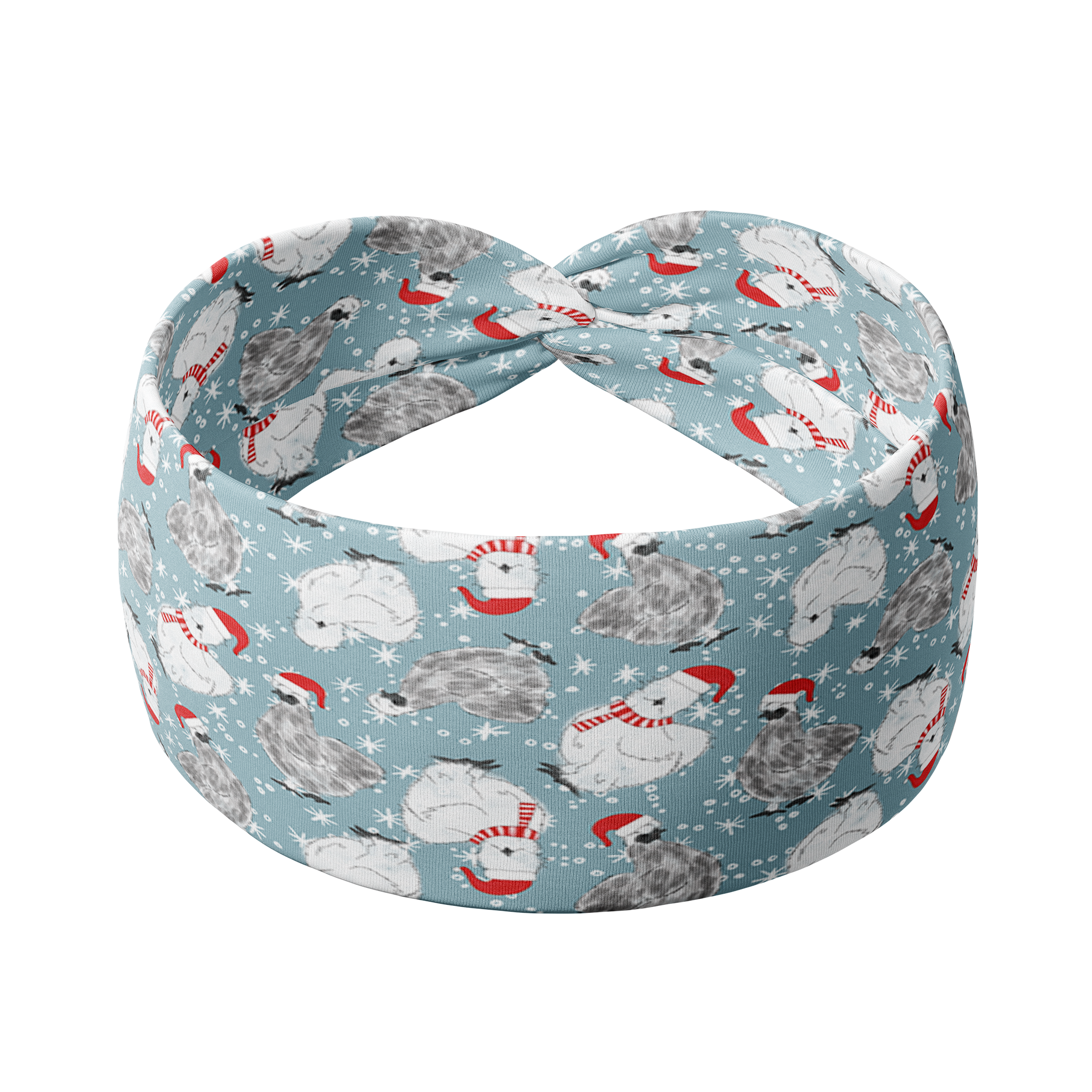 Adult women's light blue headband with white snowflakes and black and white Silkie chickens with red Santa hats and scarves