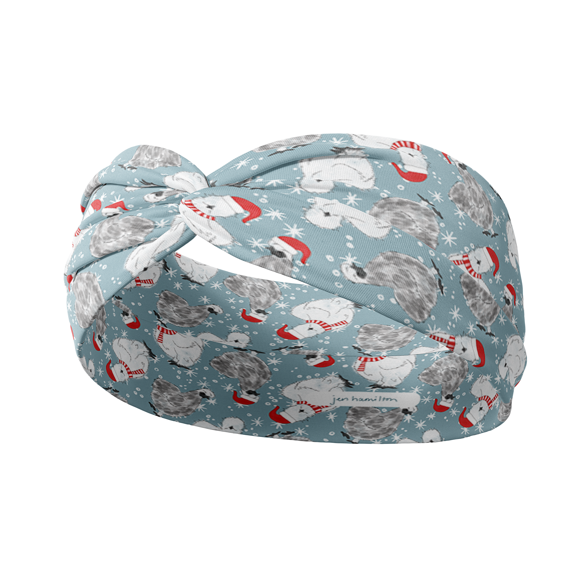 Adult women's light blue headband with white snowflakes and black and white Silkie chickens with red Santa hats and scarves