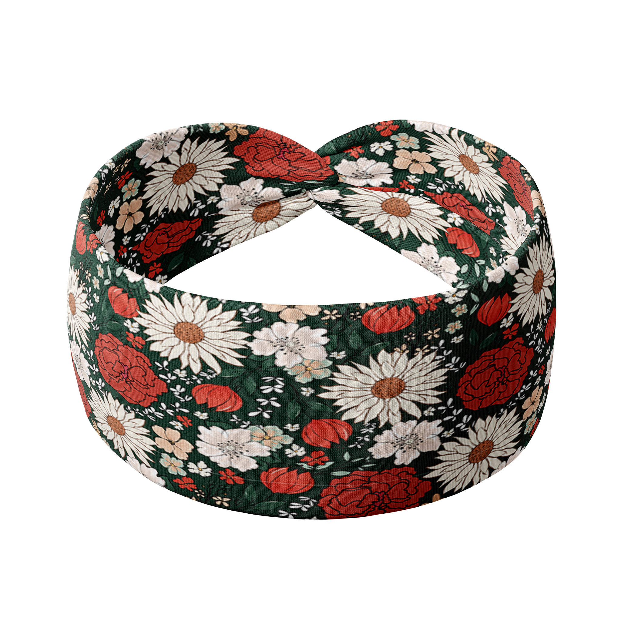Adult women's dark forest green headband with red, white, and beige Christmas flowers