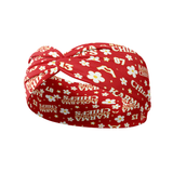 Karma Is the Guy on the Chiefs headband: red headband with white "karma is the guy on the Chiefs" text and daisies, ultra-stretchy poly-knit, non-slip, versatile twist style for various wear options.