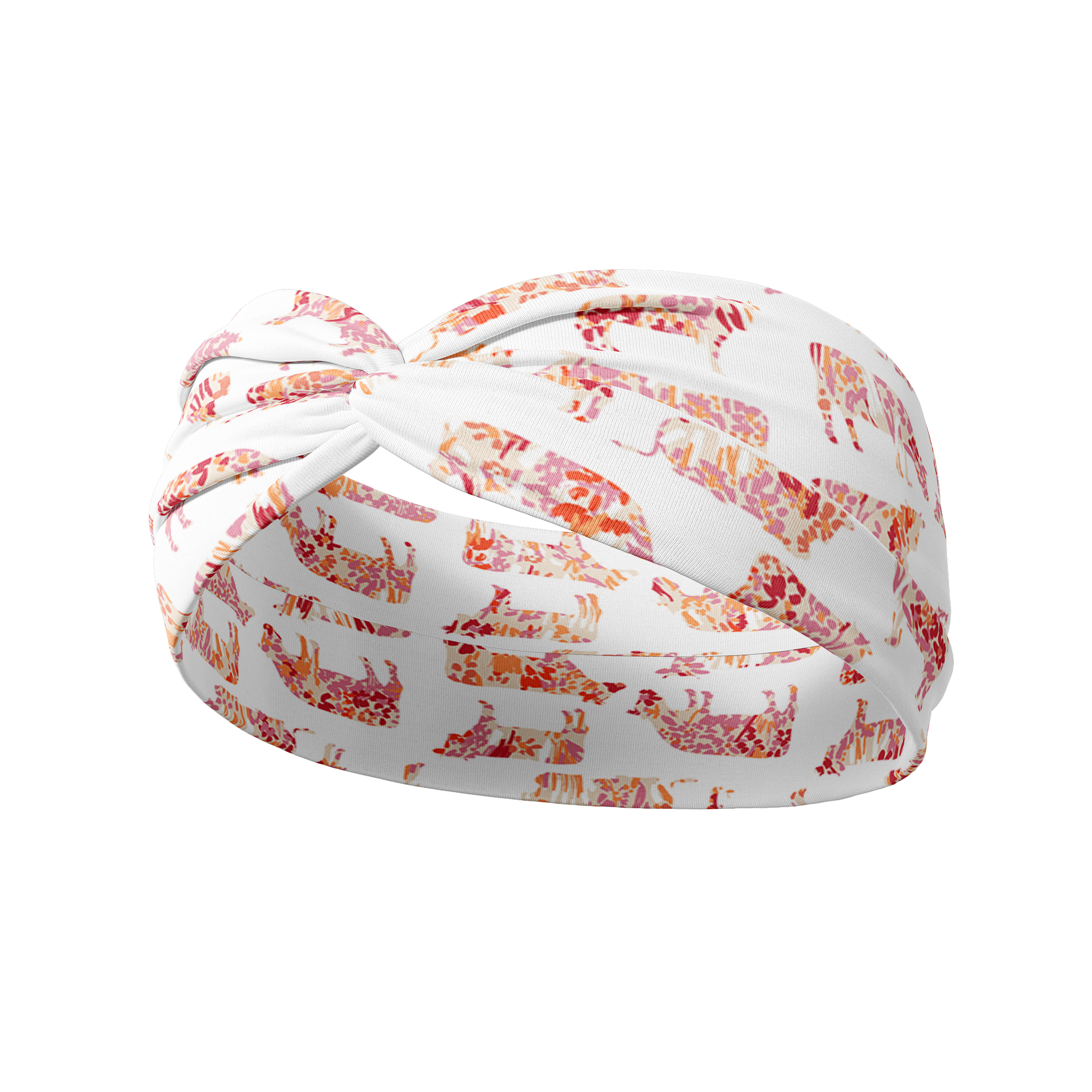 You Herd Me white headband with pink, red and orange floral cow pattern, featuring a knot design. Ultra-stretchy, non-slip poly-knit blend, perfect for workouts, long shifts, or playdays.