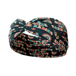 A black headband with text Beautiful Day to Catch Babies and foot prints with rainbows, flowers and hearts. Versatile, soft, non-slip, absorbent fabric for confidence and function.