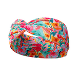 Kara Floral on Blue headband with a vivid watercolor floral print, designed for confidence and function. Features a versatile 3-in-1 twist style, sweat-absorbent fabric, and machine washable poly-knit blend. Sizes for women and children available.