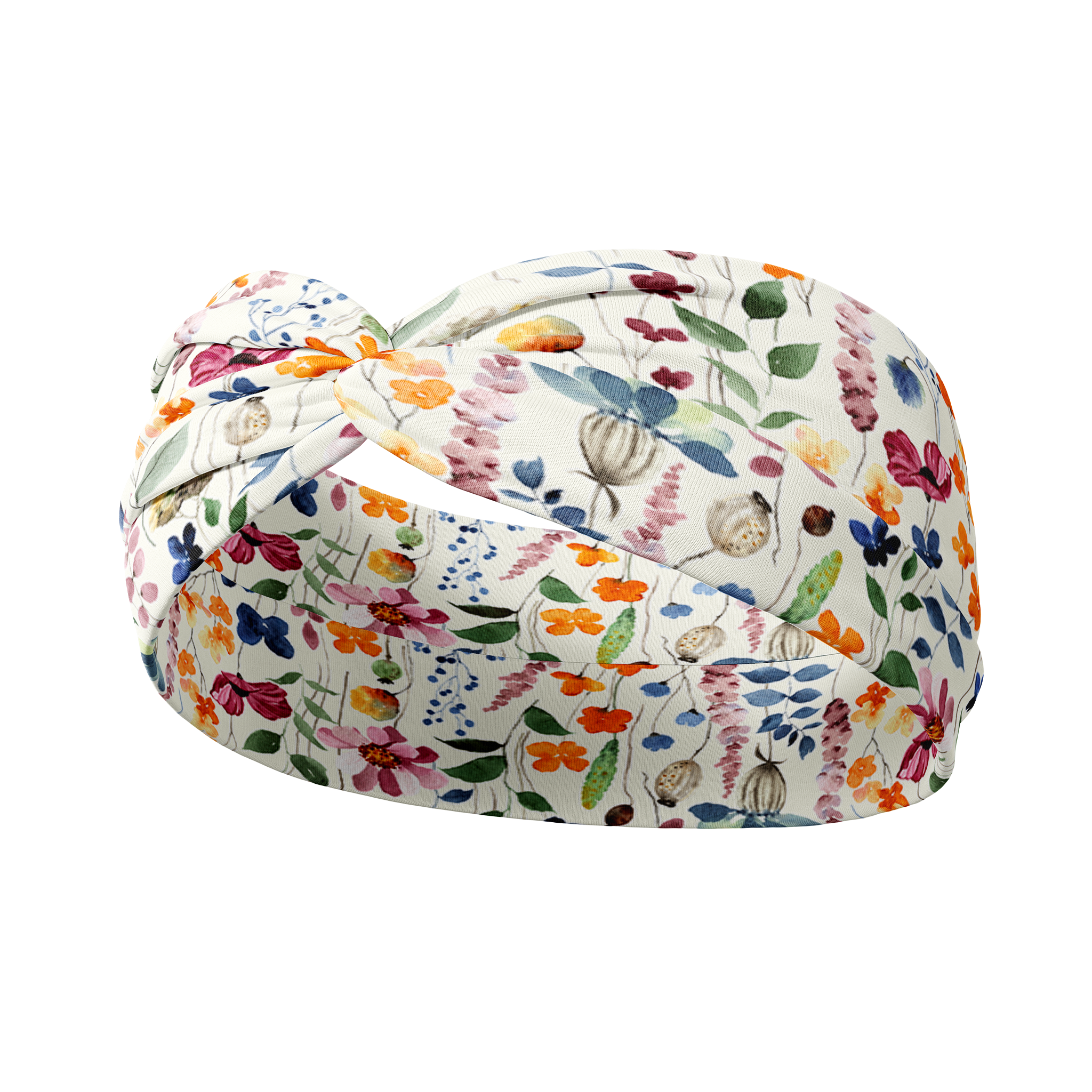 Alyssa Floral on Ivory headband with unique multi-colored floral patterns, machine washable, ultra stretchy poly-knit blend, versatile 3-in-1 twist style, sweat absorbent, non-slip, designed in Springfield, MO.