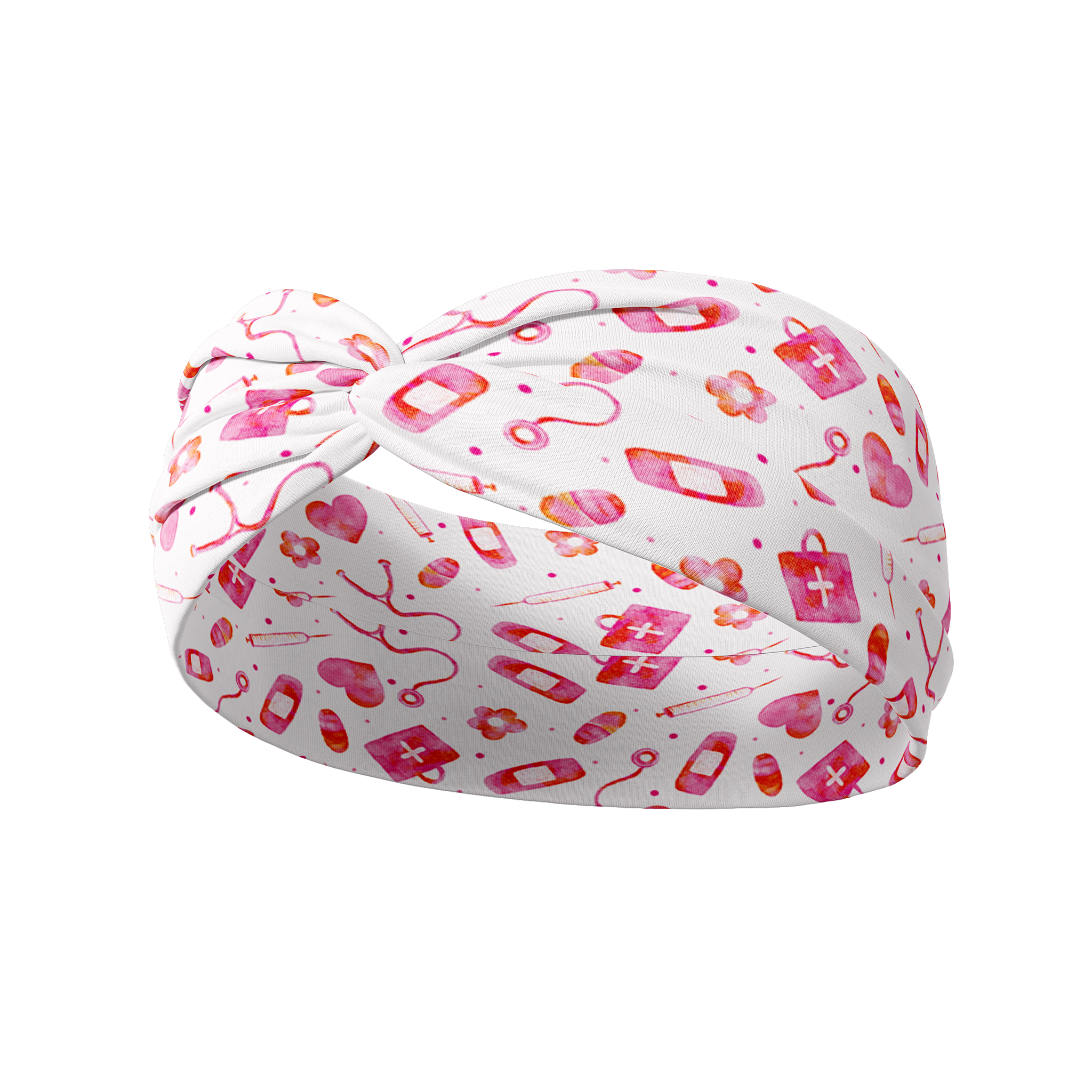 Just Here for the Free Gloves white headband featuring pink medical items like stethoscopes, bandages, syringes and hearts, crafted from a buttery-soft, ultra-stretchy poly-knit blend, the most comfortable hair accessory ever.