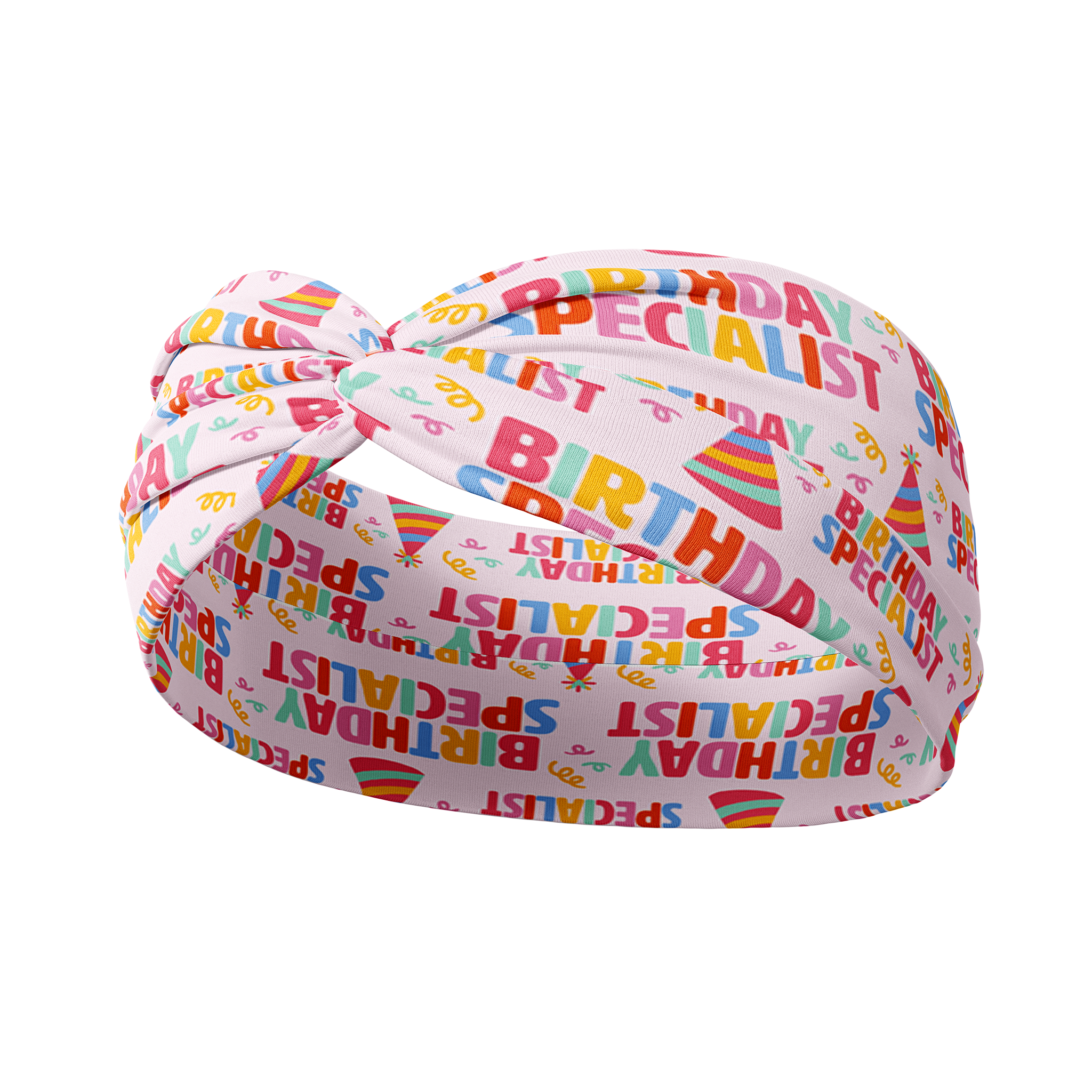 Birthday Specialist headband with confetti and birthday hats on pink fabric.