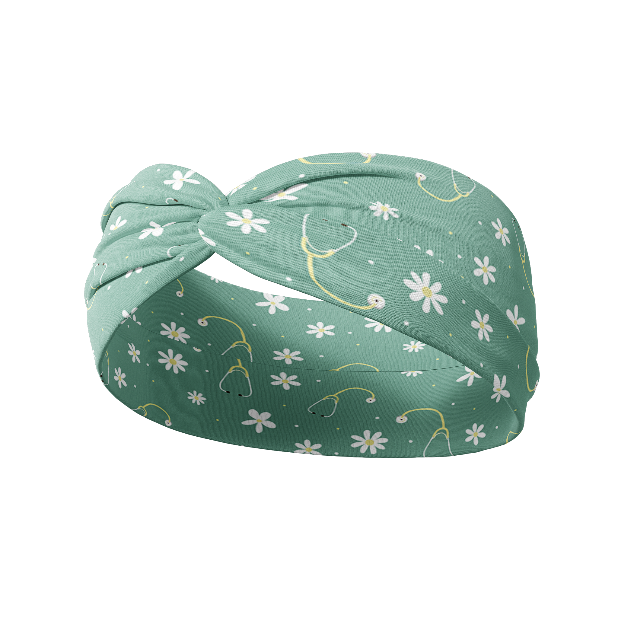Undiagnosed, But We're Pretty Sure green headband featuring white daisies and yellow stethoscopes, crafted from a buttery-soft, ultra-stretchy poly-knit blend, the most comfortable hair accessory ever.