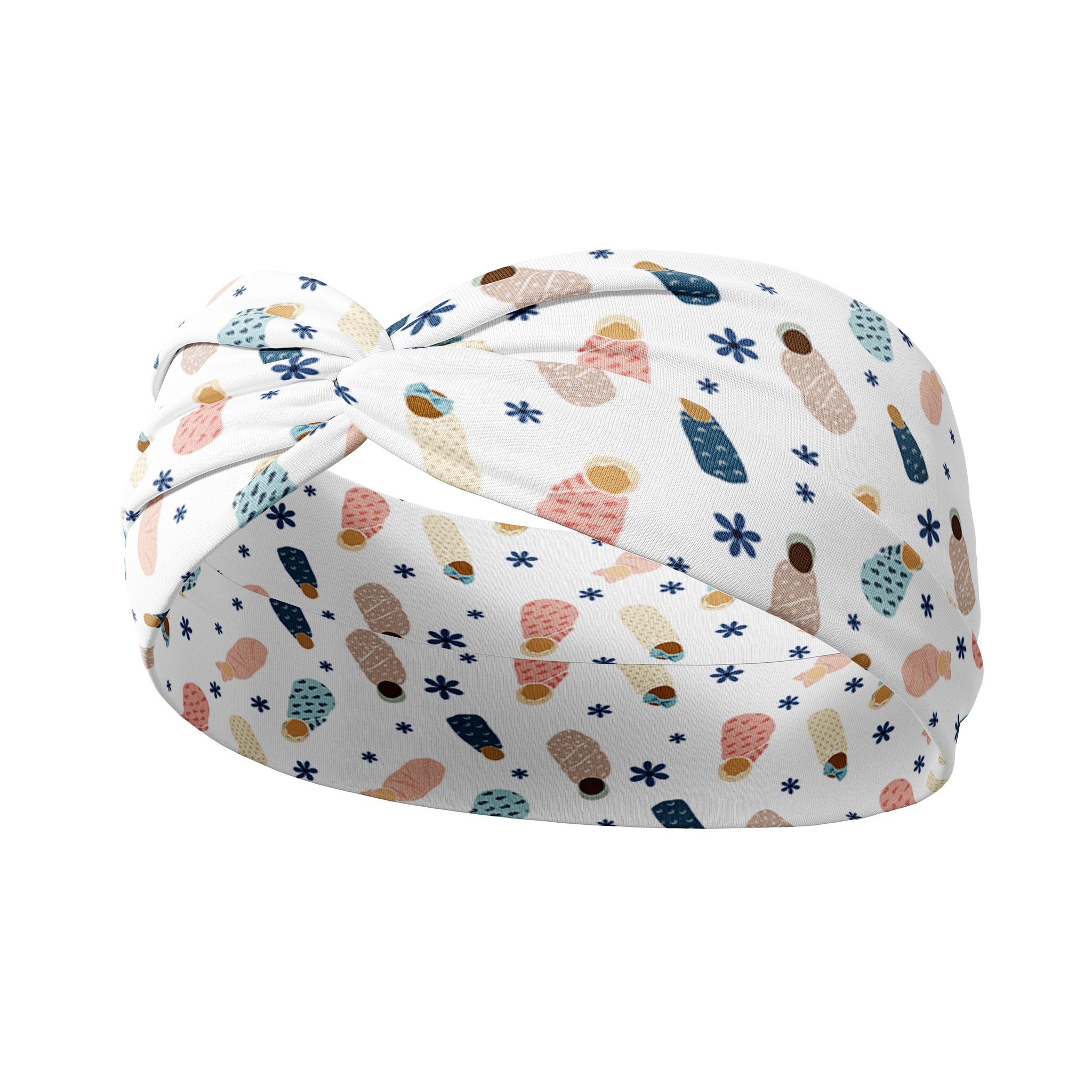 A white headband with babies in blankets pattern on it.