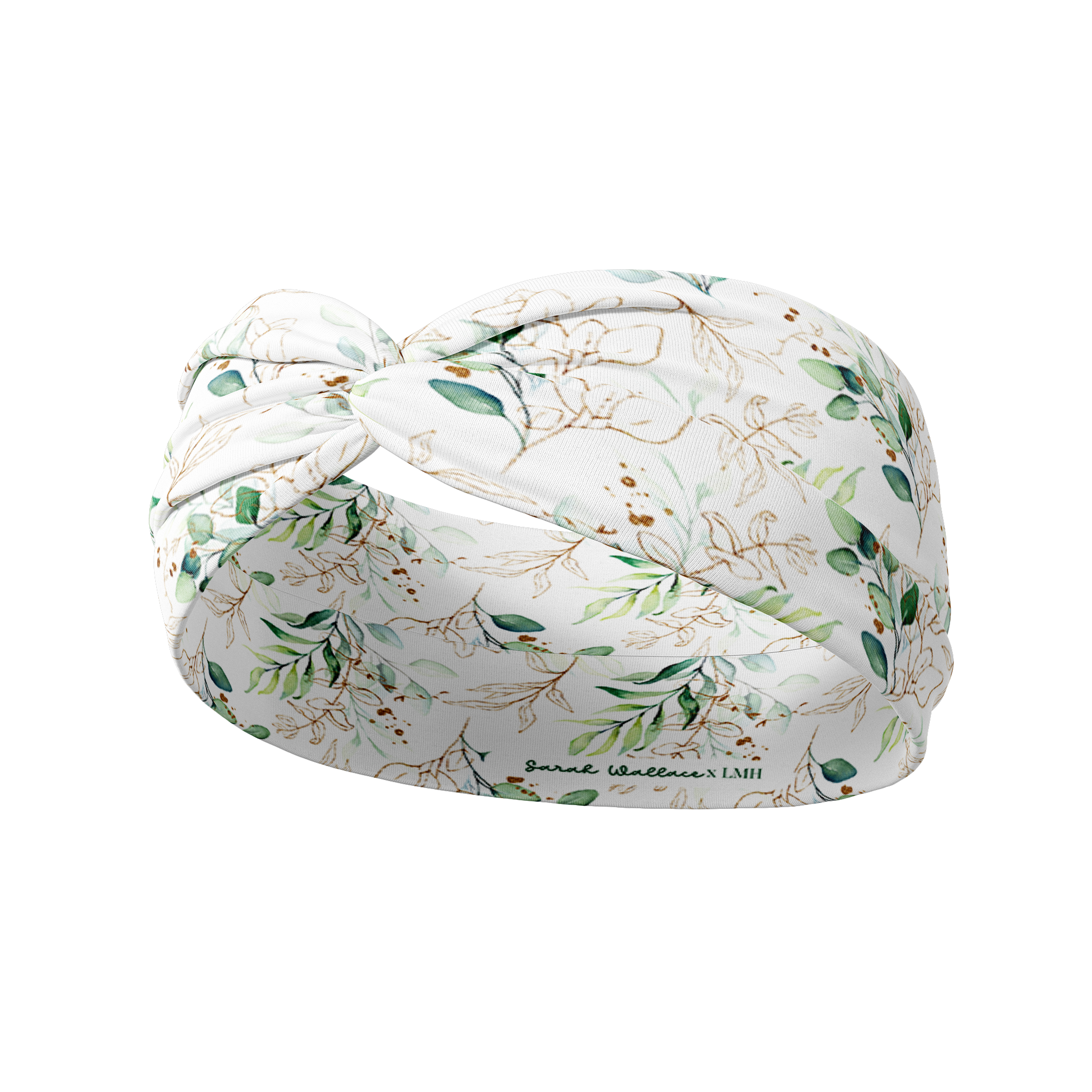 A Springtime in Brooklyn headband, featuring a white headband with green leaf pattern, versatile 3-in-1 twist style, and ultra-stretchy poly-knit blend.