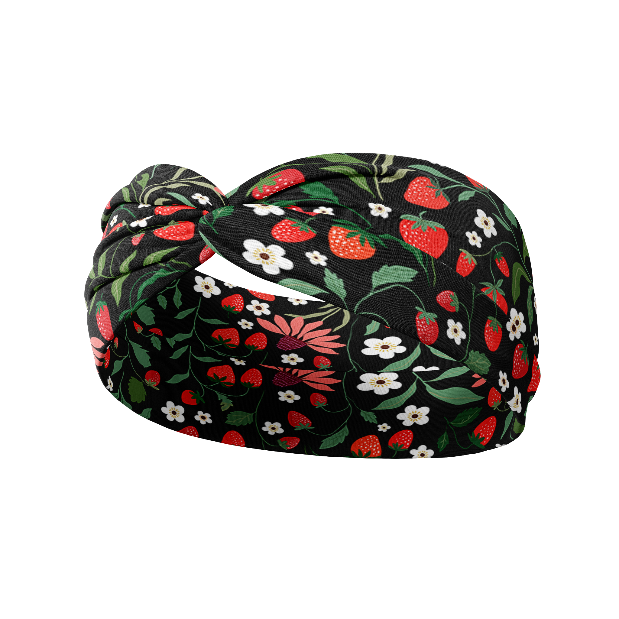 Feelin' Berry Good headband featuring red flowers and strawberries on a black background. Ultra-stretchy, non-slip, and machine washable for versatile wear.