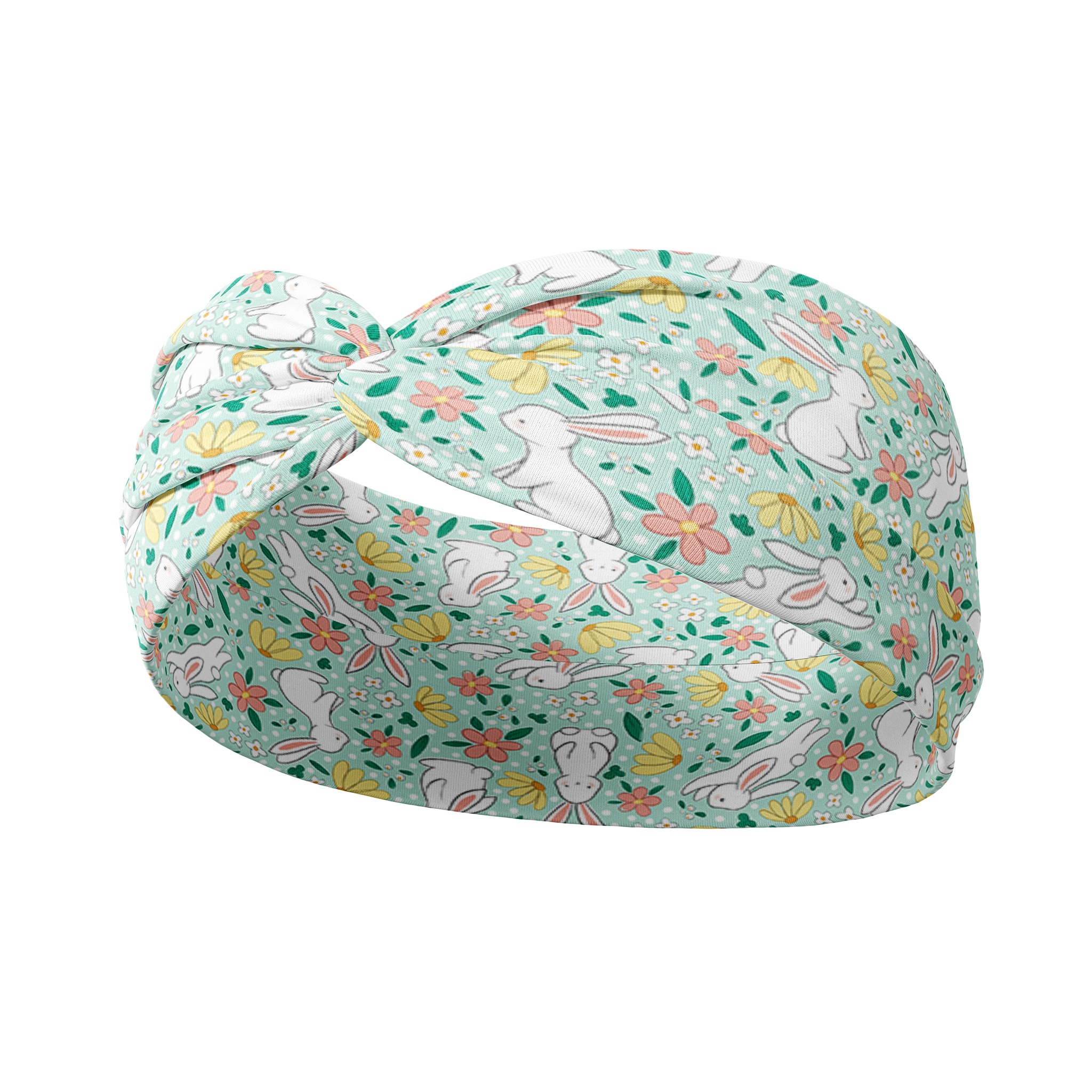 Don't Worry, Be Hoppy mint green headband with rabbits and flowers.