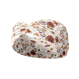 White Preston Floral on Ivory headband with neutral floral design, part of The Sarah Wallace collection, featuring a versatile 3-in-1 twist style and soft, stretchy poly-knit fabric.