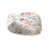 White Fortitude headband with the script "fortitude" with dainty fall floral design, 3-in-1 twist style, buttery-soft stretch poly-knit, sweat absorbent, non-slip, machine washable. Sizes for women and children.