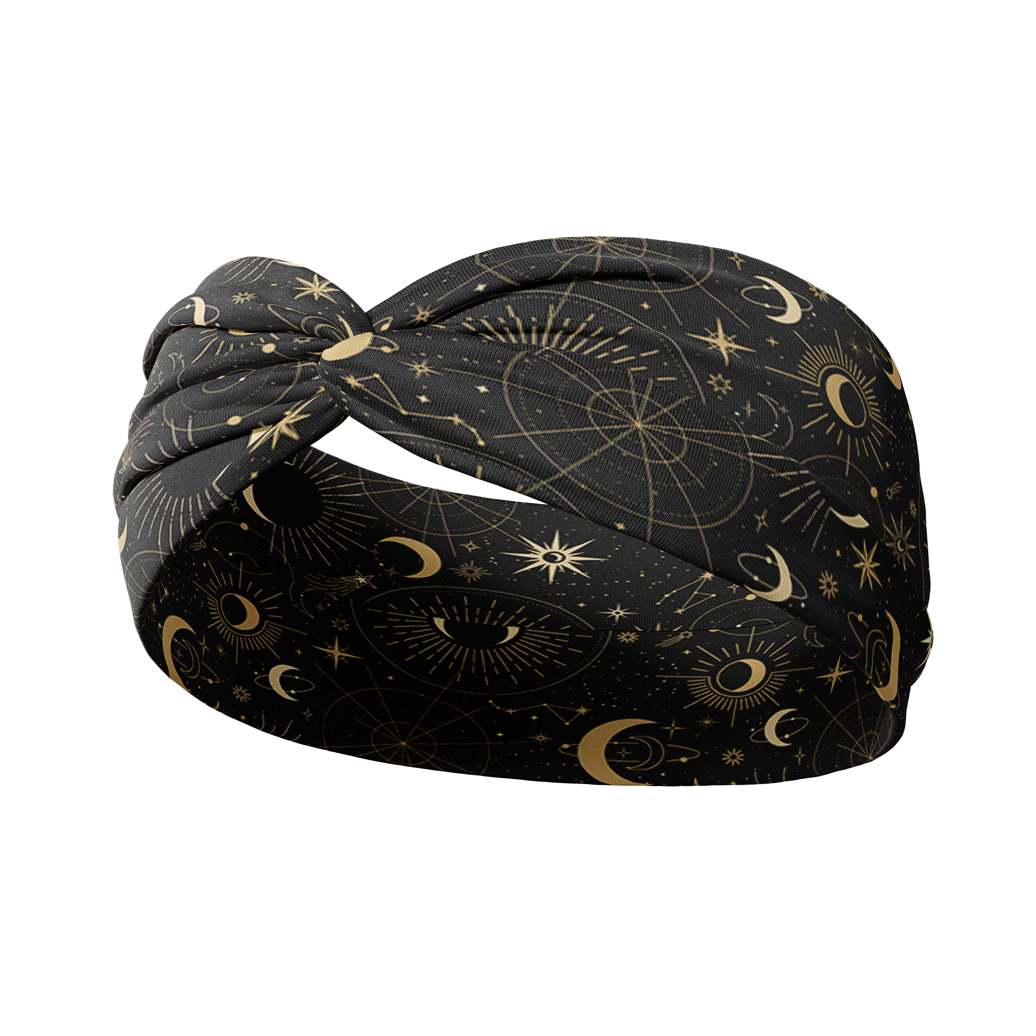 A Dark Side of the Moon headband, showcasing a moon and stars pattern on soft poly-knit fabric. Versatile twist style, sweat-absorbent, and non-slip for workouts or play.