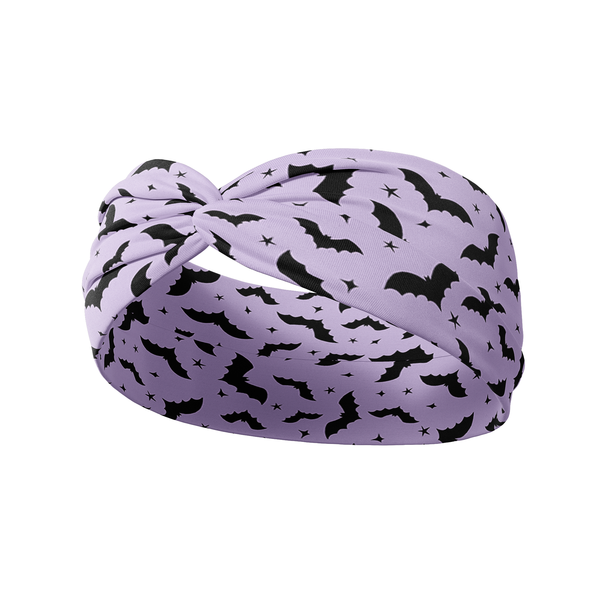 Purple headband with black bat print, titled It's Frickin' Bats, I Love Halloween. Versatile, non-slip, and machine washable, perfect for workouts or daily wear.