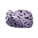 Purple headband with black bat print, titled It's Frickin' Bats, I Love Halloween. Versatile, non-slip, and machine washable, perfect for workouts or daily wear.