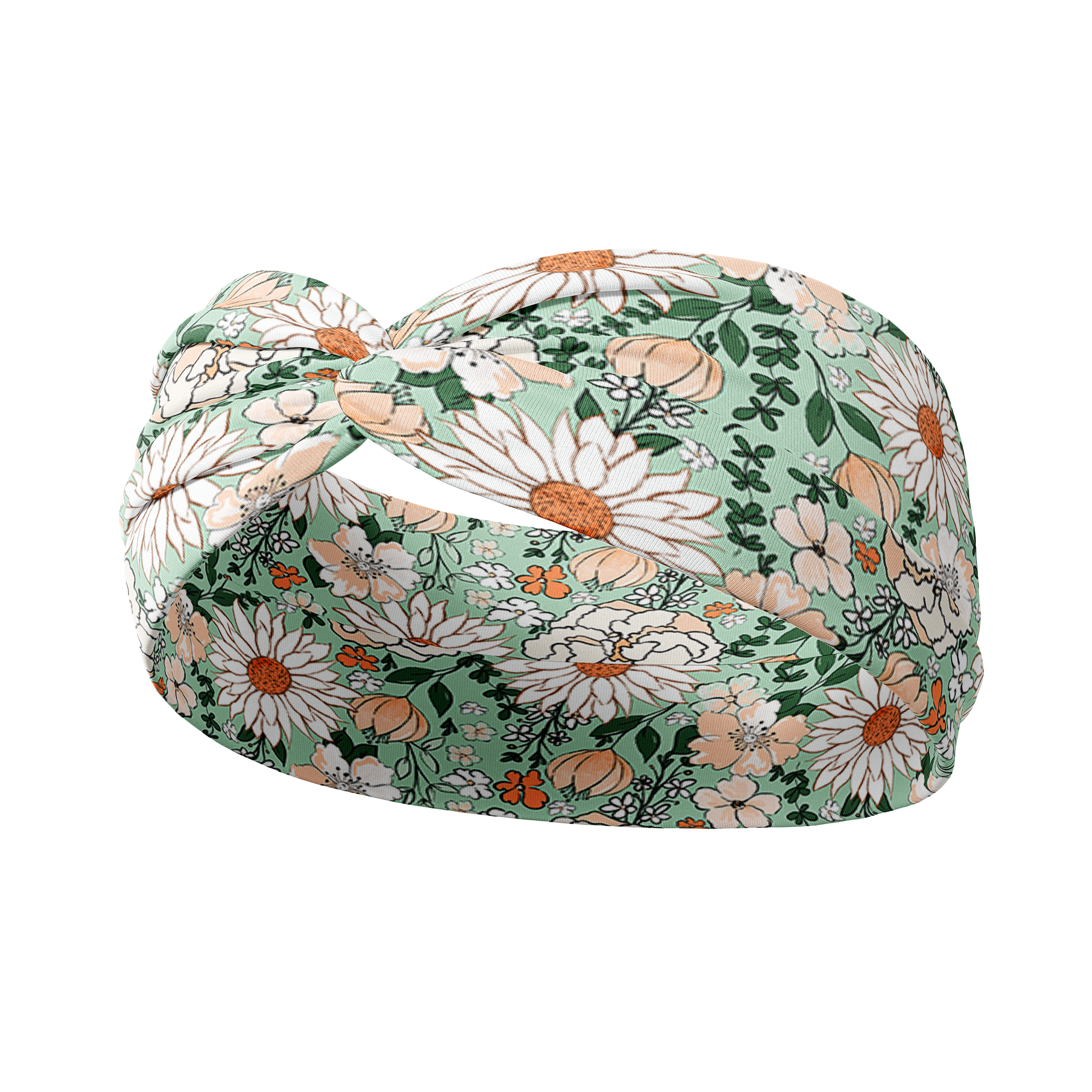 A headband with a white and tan floral pattern, Brandi Floral on Mint, featuring unique daisy flower designs. Versatile 3-in-1 twist style, sweat absorbent, non-slip, machine washable, designed in Springfield, MO. Sizes for women and children.