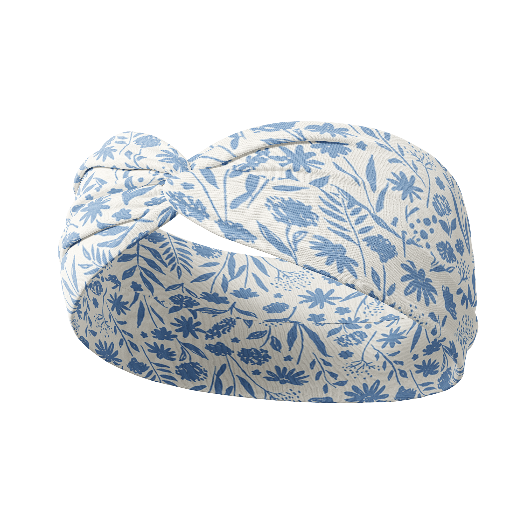 Olivia Floral on Ivory headband with a knot and blue floral pattern. Versatile 3-in-1 twist style, sweat absorbent, non-slip, machine washable. Designed for confidence and function.