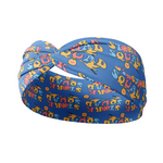 Stork Squad blue headband with stork carrying a bag with a heart pattern. Functional, versatile design for confidence in any activity.