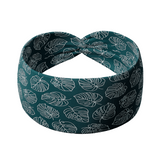 Adult women's dark teal headband with white outline of Monstera plant leaves