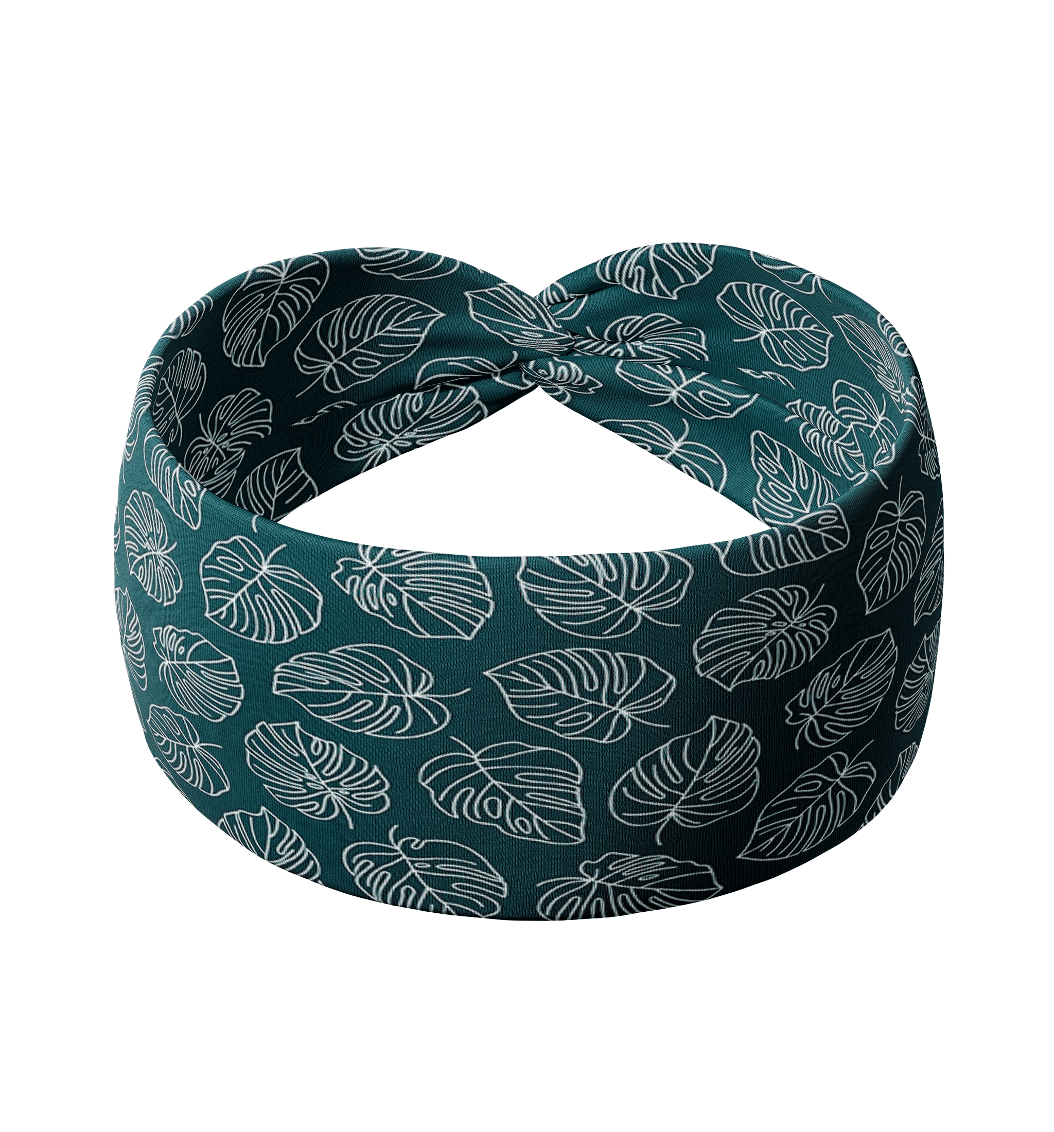 Adult women's dark teal headband with white outline of Monstera plant leaves