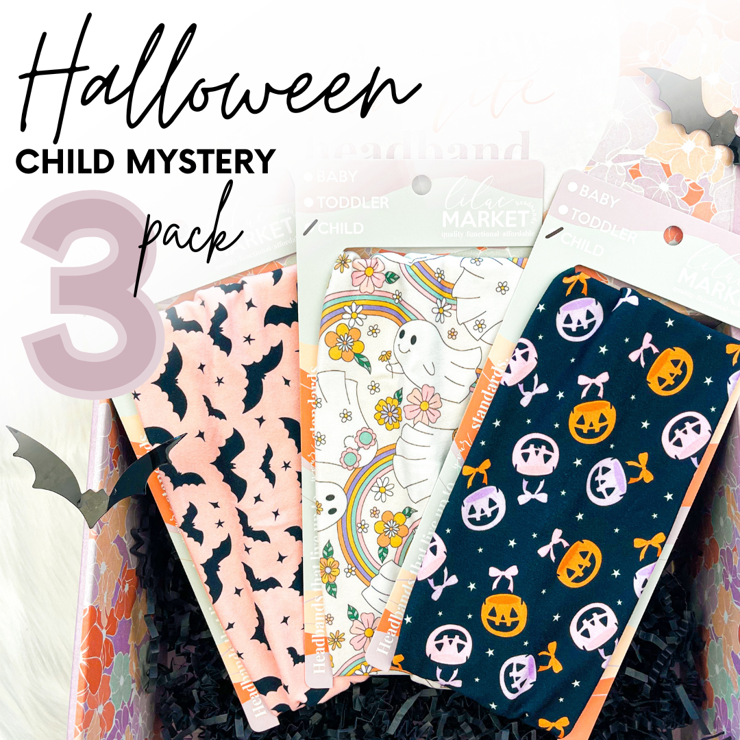 A mystery pack of three different Halloween-themed headbands that fit children ages 4-10 years old.