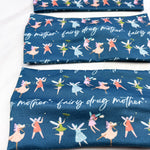 Adult women's navy headband with the script "fairy drug mother" and three small fairy characters across the band