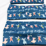 Adult women's navy headband with the script "fairy drug mother" and three small fairy characters across the band