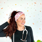 Birthday Specialist Lilac Market Headband worn by a woman with a stethoscope, showcasing a versatile 3-in-1 twist style for confidence and function.