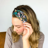 Adult women's black headband with mustard and pink flowers and green and teal greenery