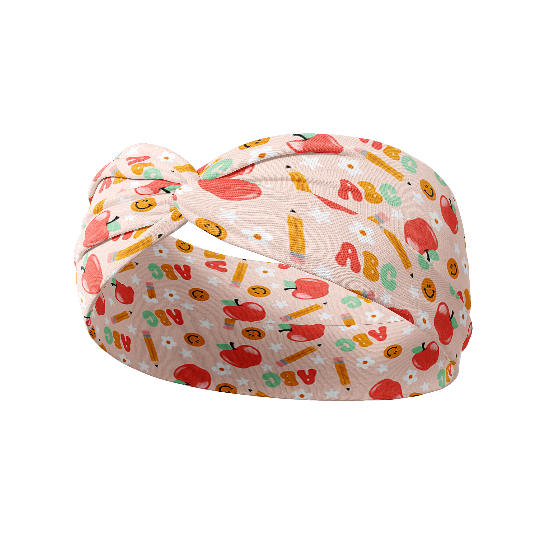 Pink Don't Make Me Use My Teacher Voice headband with apples, smiley faces, pencils and ABC patterns, designed for comfort and function, featuring a versatile 3-in-1 twist style and double-layer sweat-absorbent fabric.