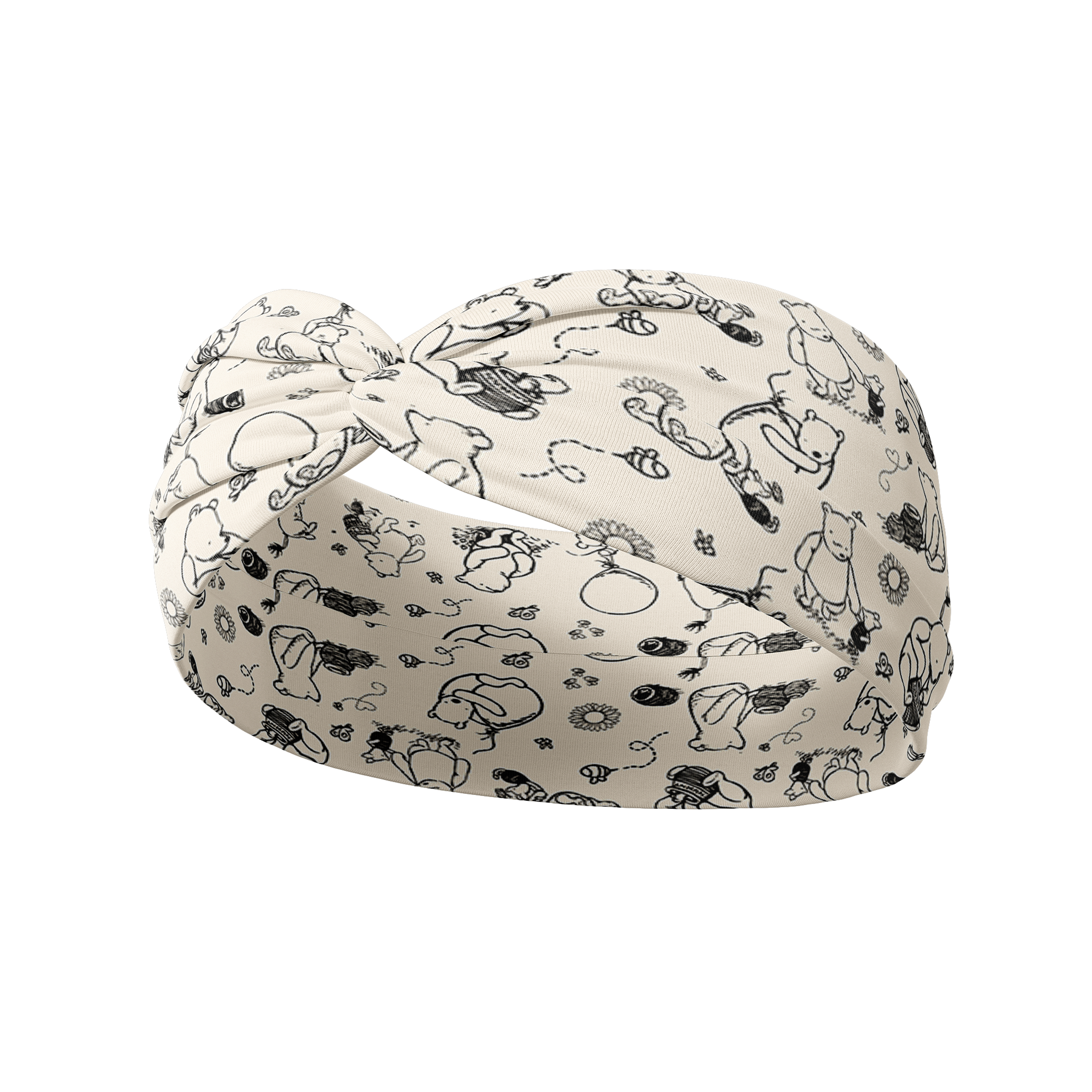 White Little Black Rain Cloud headband with black pen-drawn Winnie the Pooh characters; buttery-soft, ultra-stretchy, double-layer poly-knit, versatile 3-in-1 twist style.