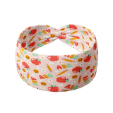 Pink Don't Make Me Use My Teacher Voice headband with apples, smiley faces, pencils and ABC patterns, designed for comfort and function, featuring a versatile 3-in-1 twist style and double-layer sweat-absorbent fabric.