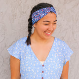 Adult women's navy headband with red, white and blue firework and star design