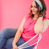 Adult women's wavy striped gradient headband from hot pink, orange, light blue and blue