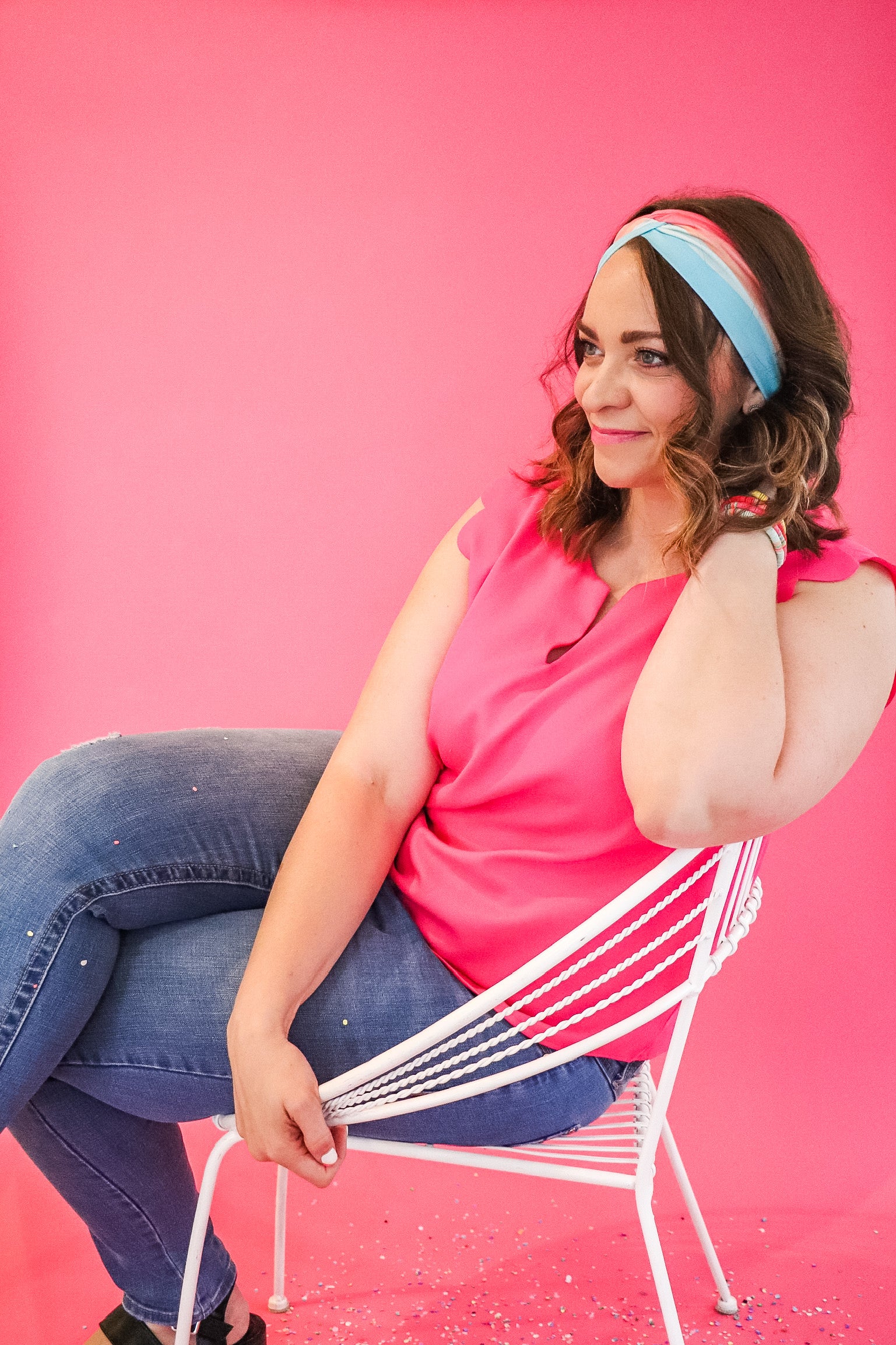 Adult women's wavy striped gradient headband from hot pink, orange, light blue and blue