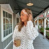 Adult women's blush headband with slices of pumpkin pie and whipped cream and yellow and brown stars