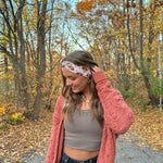 Adult women's tan headband with allover cartoon turkeys