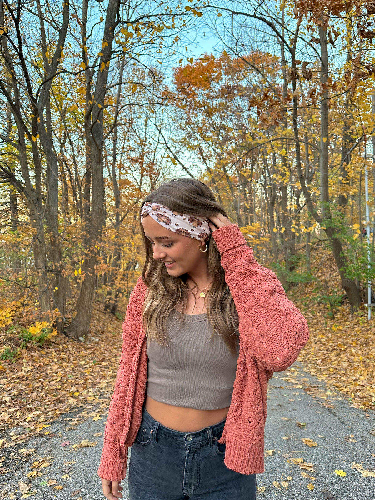 Adult women's tan headband with allover cartoon turkeys