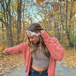 Adult women's tan headband with allover cartoon turkeys