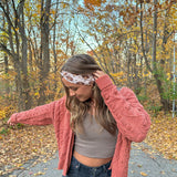 Adult women's tan headband with allover cartoon turkeys