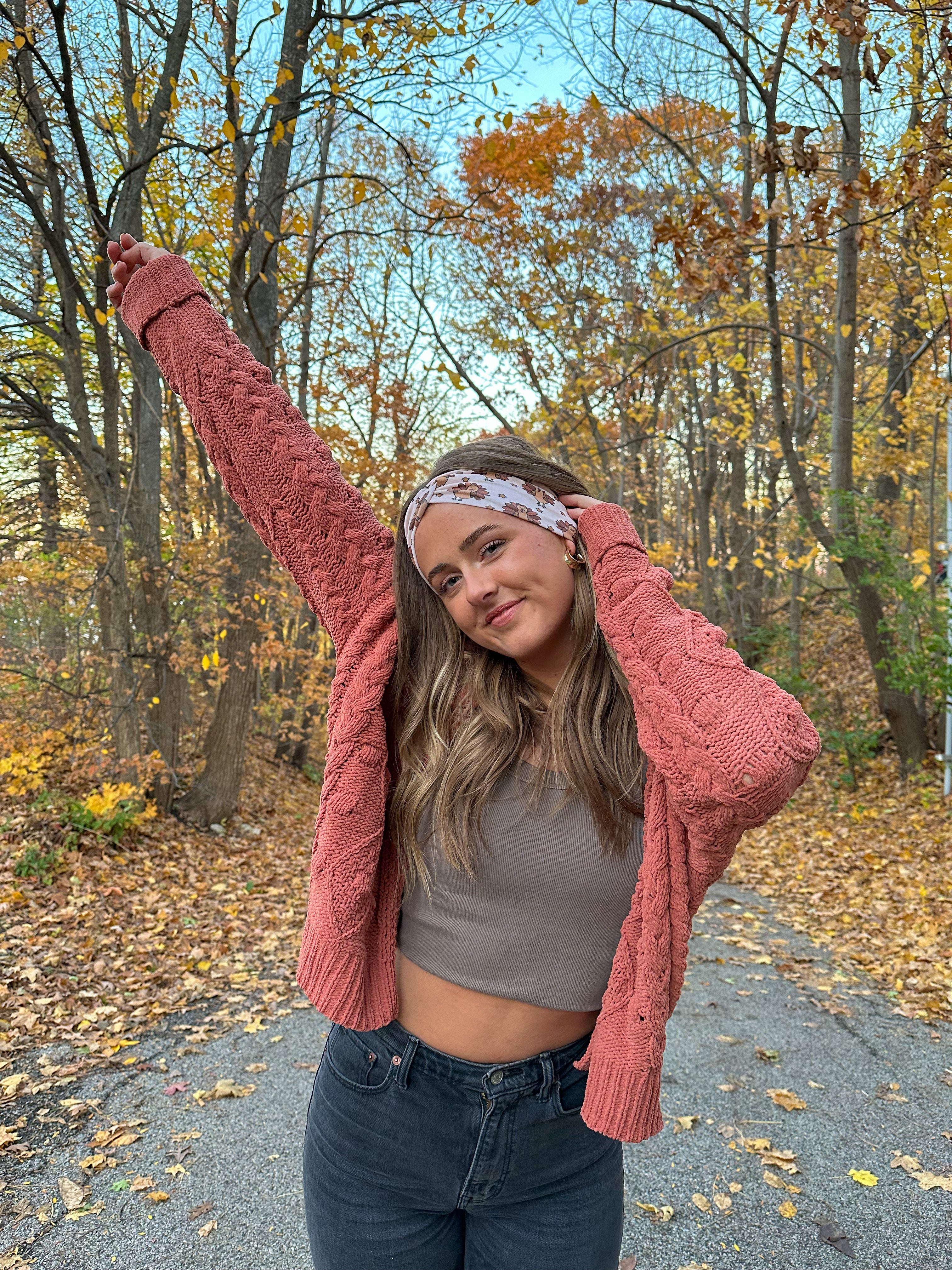 Adult women's tan headband with allover cartoon turkeys