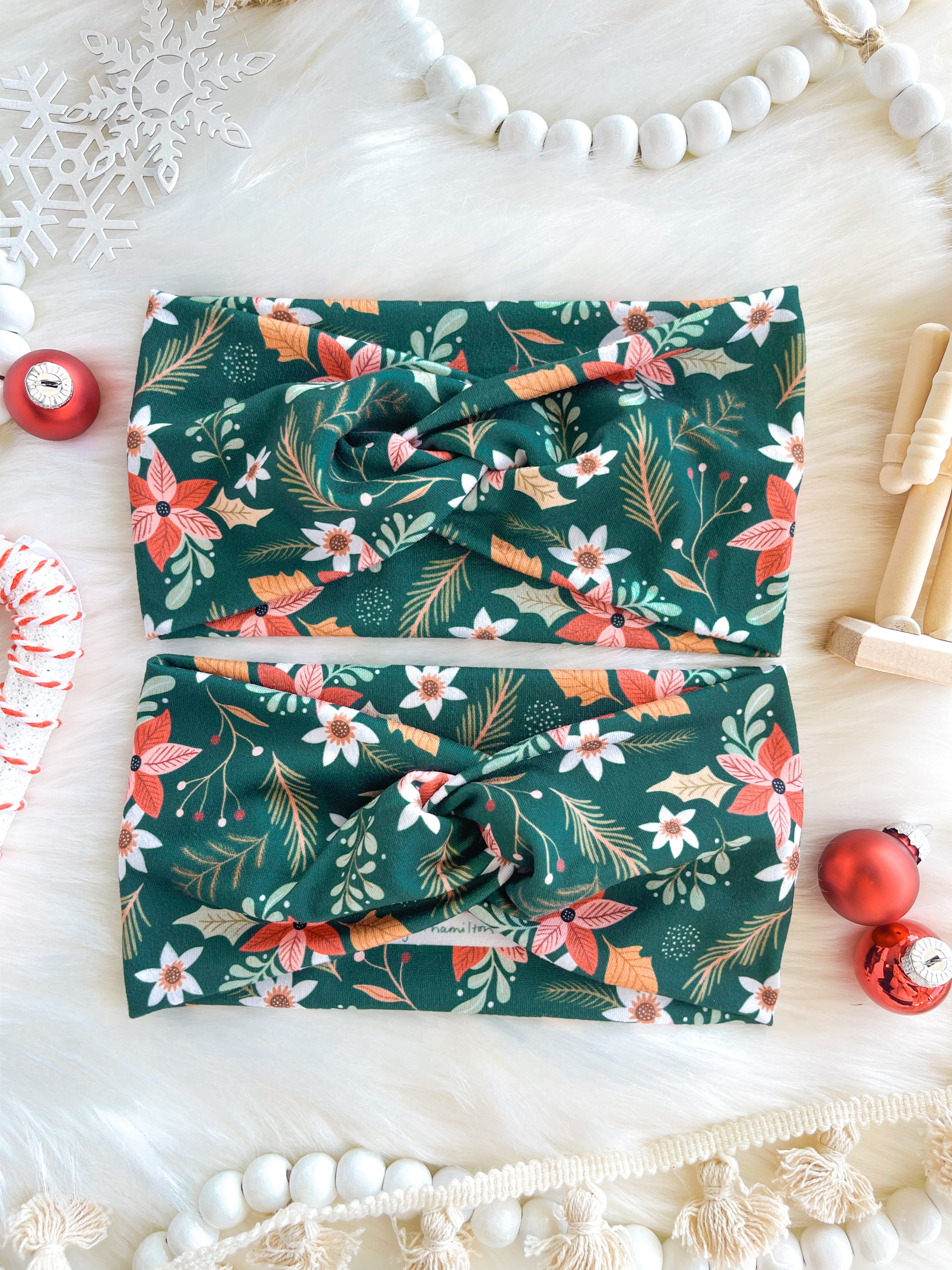 Adult women's dark emerald green with sage greenery, gold leaves, and red, pink and white flowers