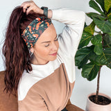 Adult women's black headband with red foxes, orange, green, red and ivory flowers and leaves