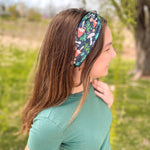 Woman confidently wearing the Woodland Wonder headband for easy hairstyles and comfortable wear.