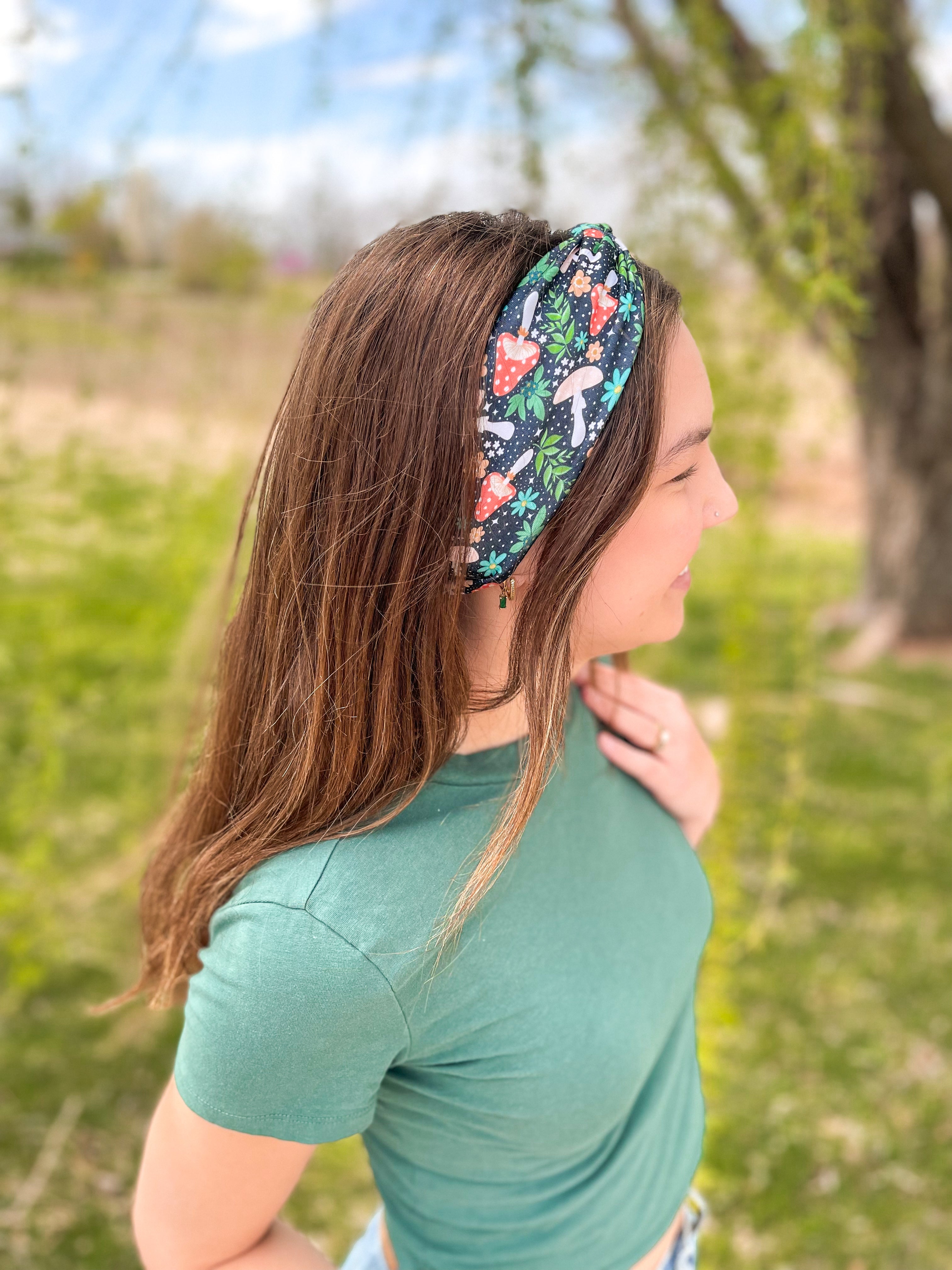 Woman confidently wearing the Woodland Wonder headband for easy hairstyles and comfortable wear.