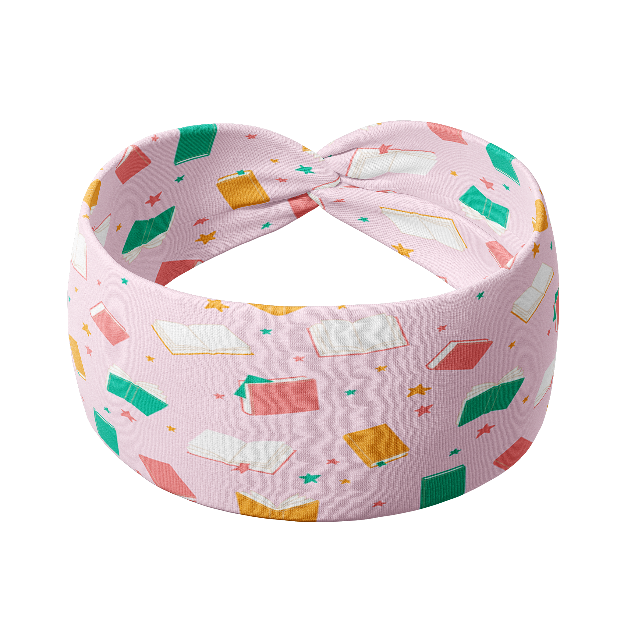 A pink Book Fairy headband featuring a book and star pattern, designed for confidence and functionality. Lilac Market's Book Fairy headband offers a versatile 3-in-1 twist style, sweat-absorbent fabric, and a non-slip fit. Made in Springfield, MO.