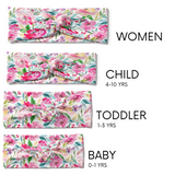 Riley Floral on Ivory headbands in adult, child, toddler and baby sizes. Adjustable bow tie style for all ages, machine washable, ultra-soft poly-knit blend. Designed in Springfield, MO.